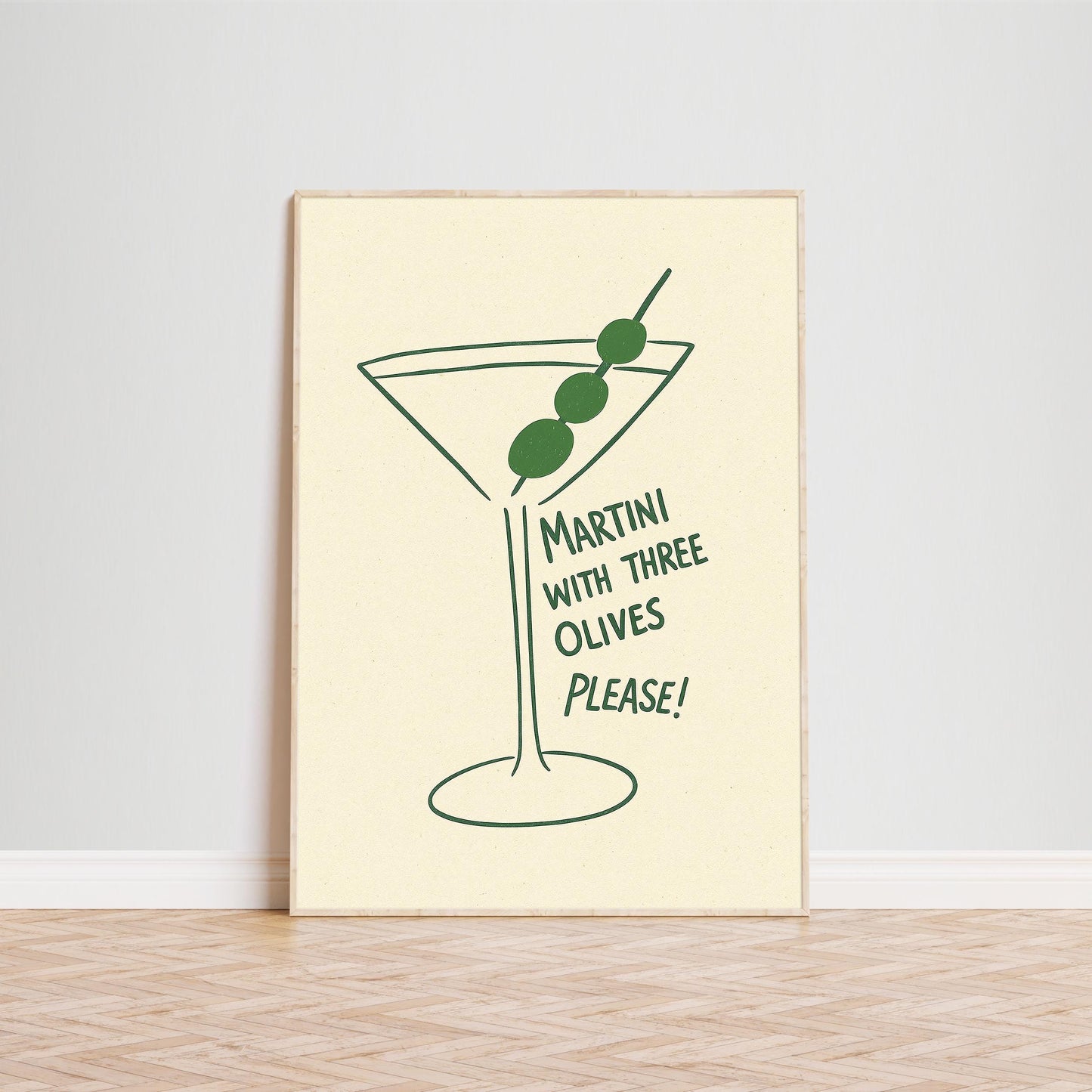 Martini with Three Olives – Minimal Cocktail Line Art Print, Vintage Bar Poster