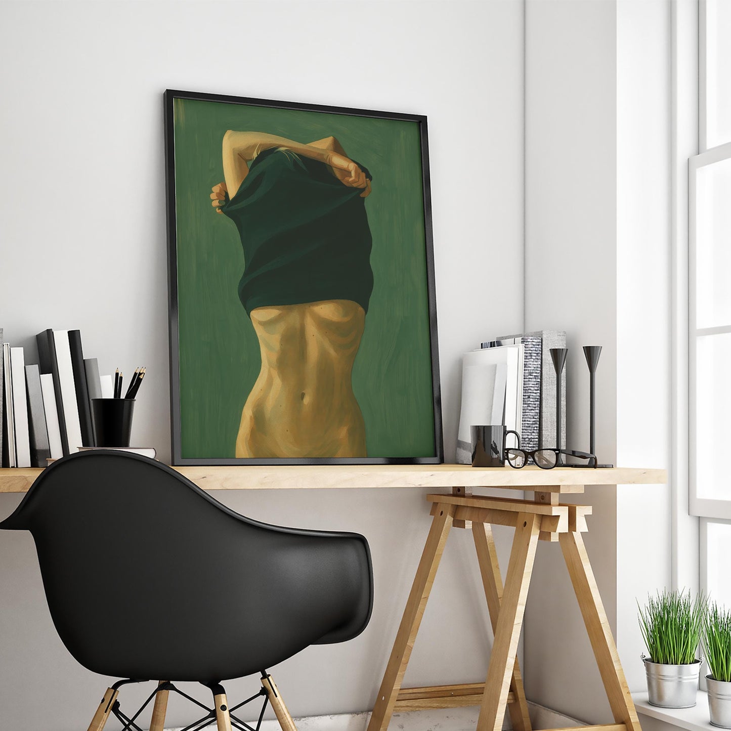 Feminine Nude Art Print – Moody Green Body Art Poster | Silky Texture