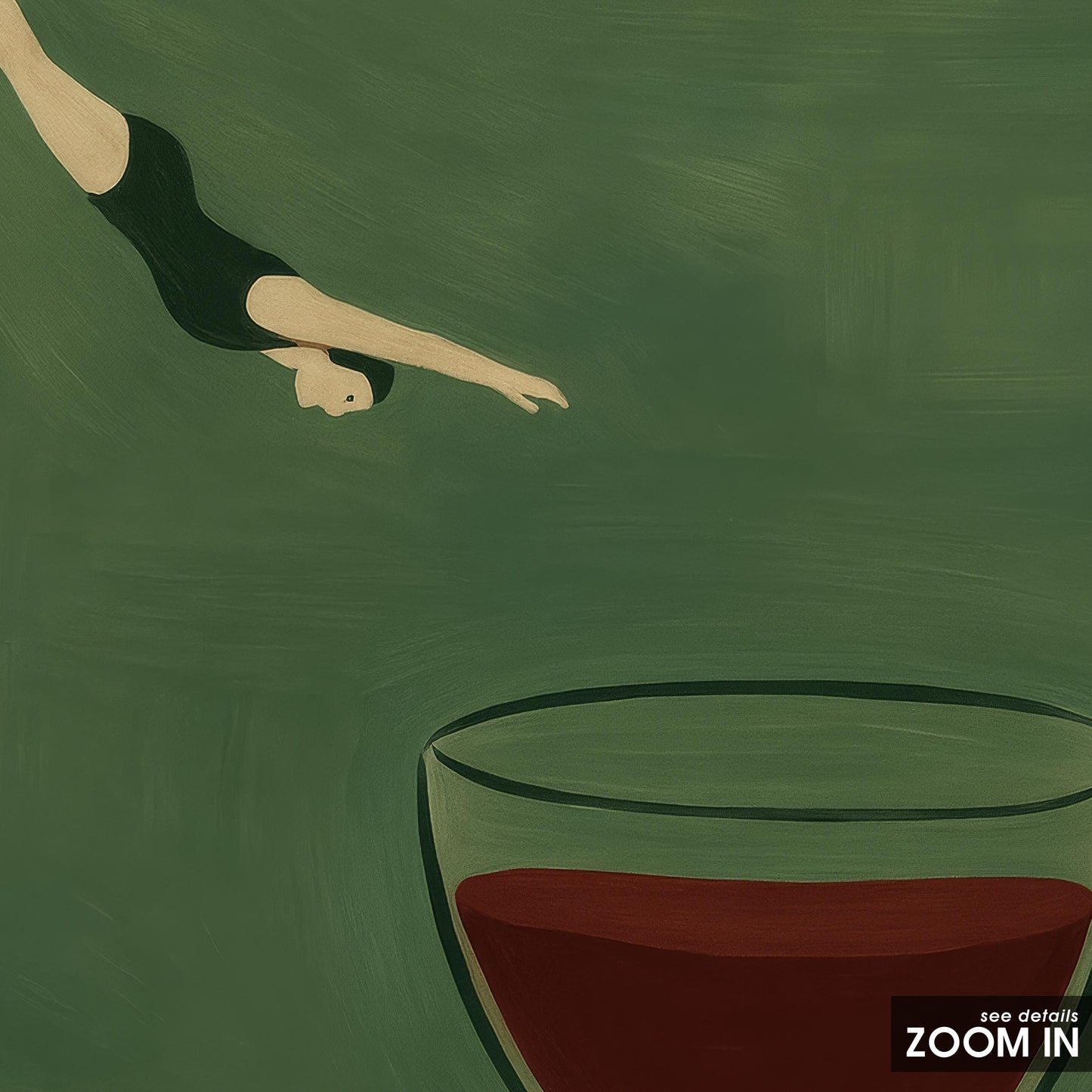 Minimalist Surrealist Poster – Diving Wine Artwork with Green Background & Poetic Charm