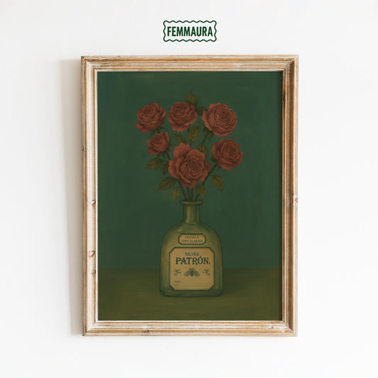 Patron Tequila Wall Art – Vintage Still Life with Red Roses & Rustic Charm Print