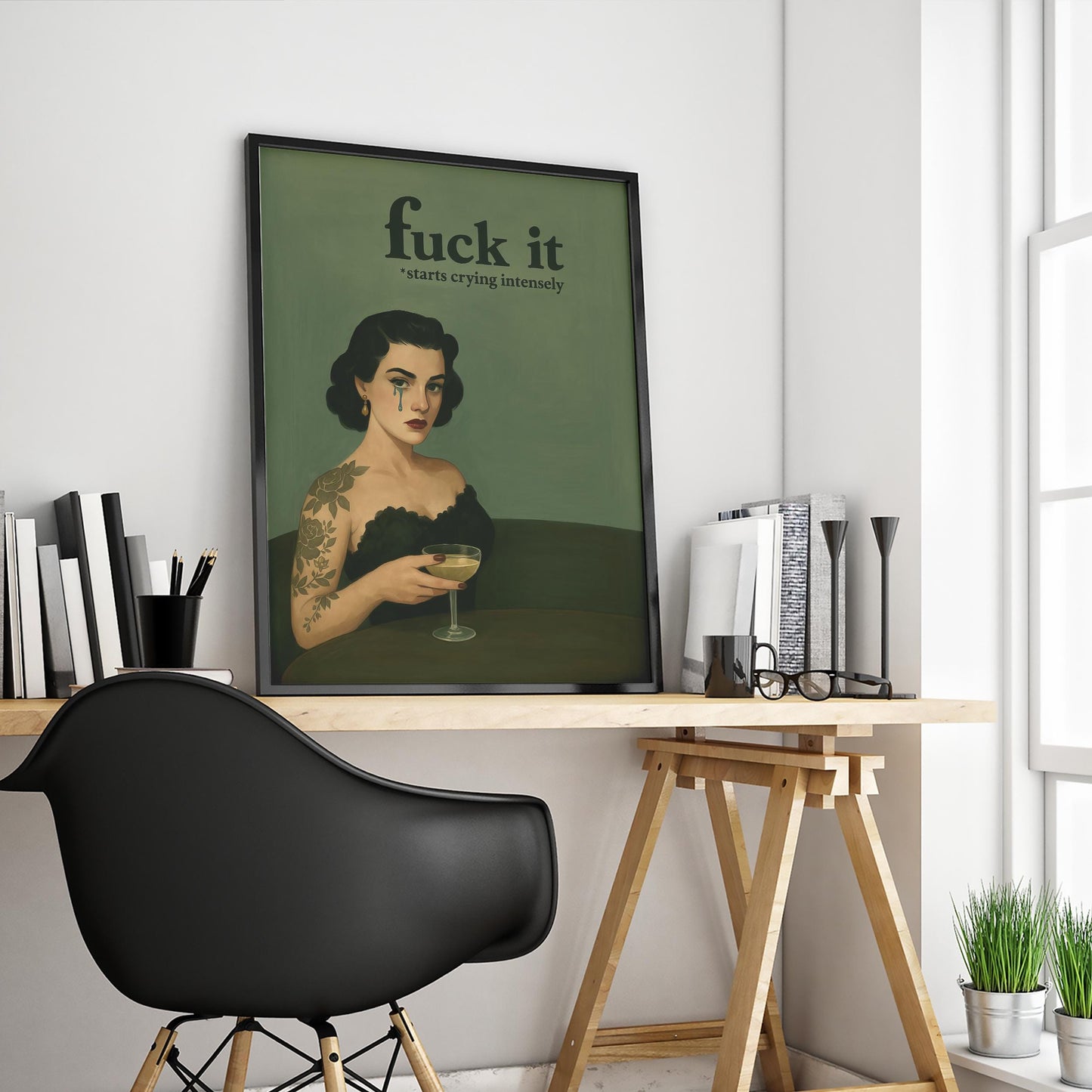 Dark Humor Poster – Retro Wall Art Featuring Tattooed Woman & Bold Quote