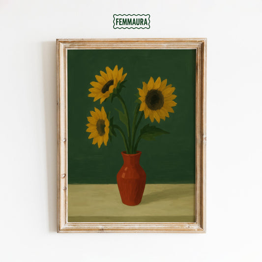 Sunflowers Wall Art – Bright Floral Print With Red Vase Artwork | Rustic Kitchen Decor