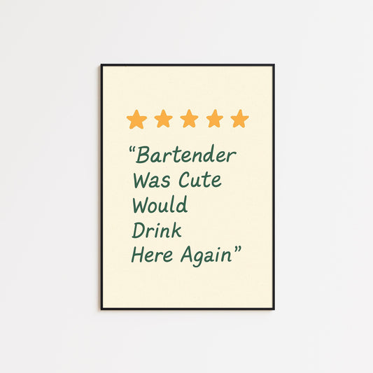Funny Bartender Review Art Print – Retro Bar Wall Decor