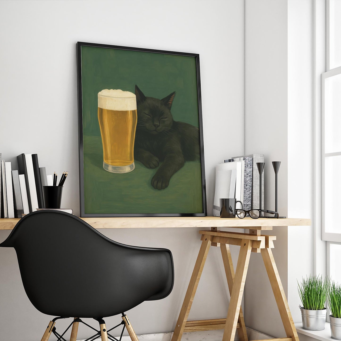 Funny Bar Art Print – Black Cat Poster with Beer Wall Decor & Gothic Humor