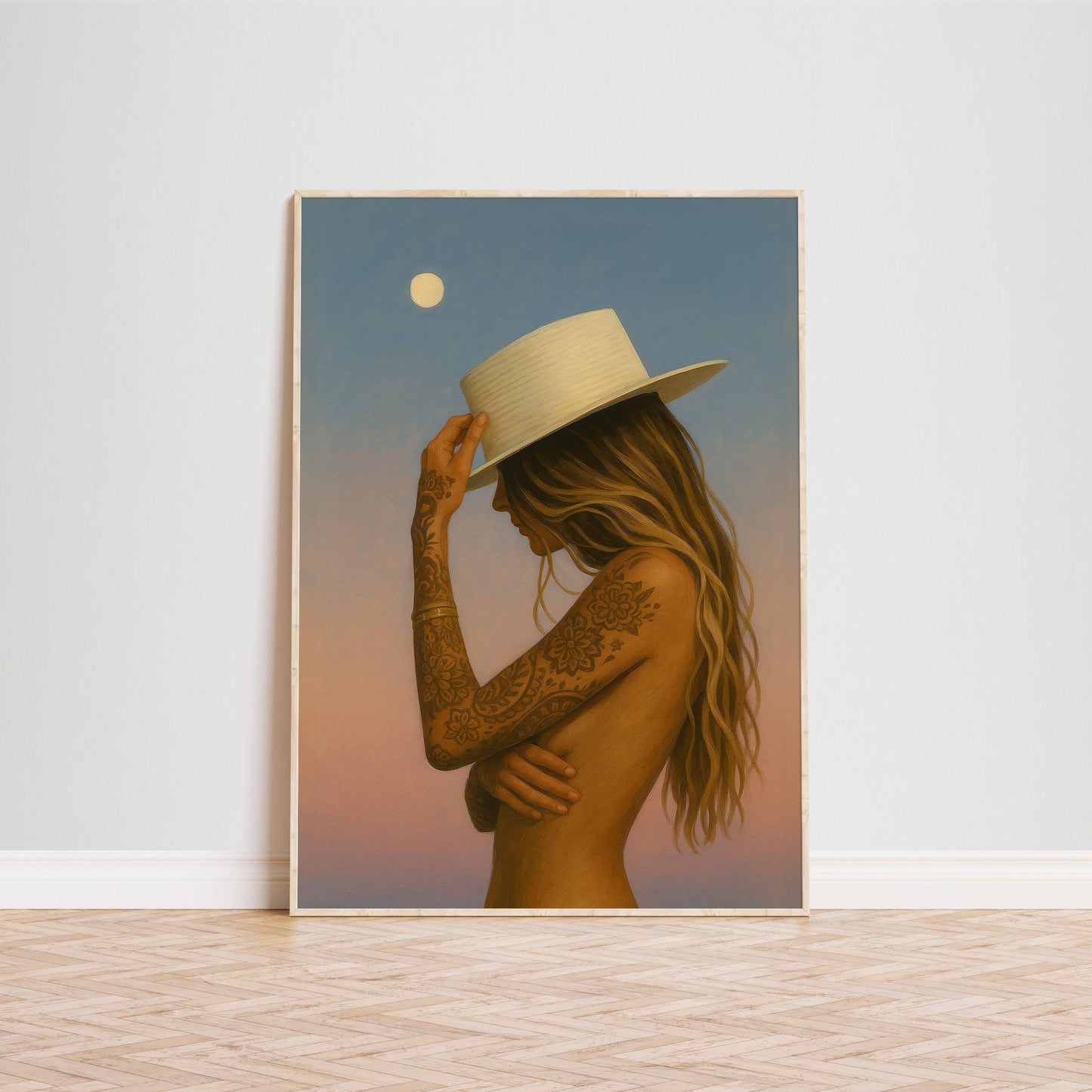 Boho Western Wall Art – Tattoo Woman Poster | Moonlight Desert Sunset Print
