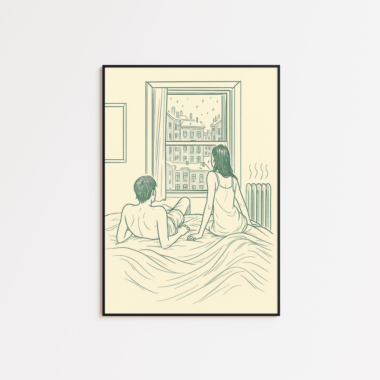 Morning in Paris – Minimal Line Art Couple Poster, Cozy Bedroom Wall Art Print