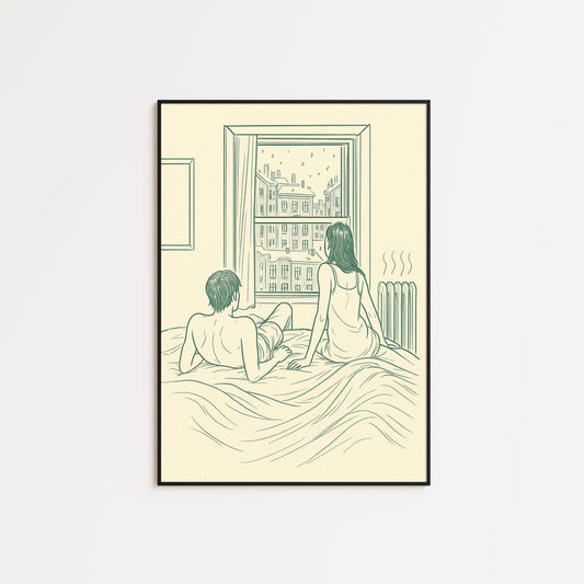 Morning in Paris – Minimal Line Art Couple Poster, Cozy Bedroom Wall Art Print