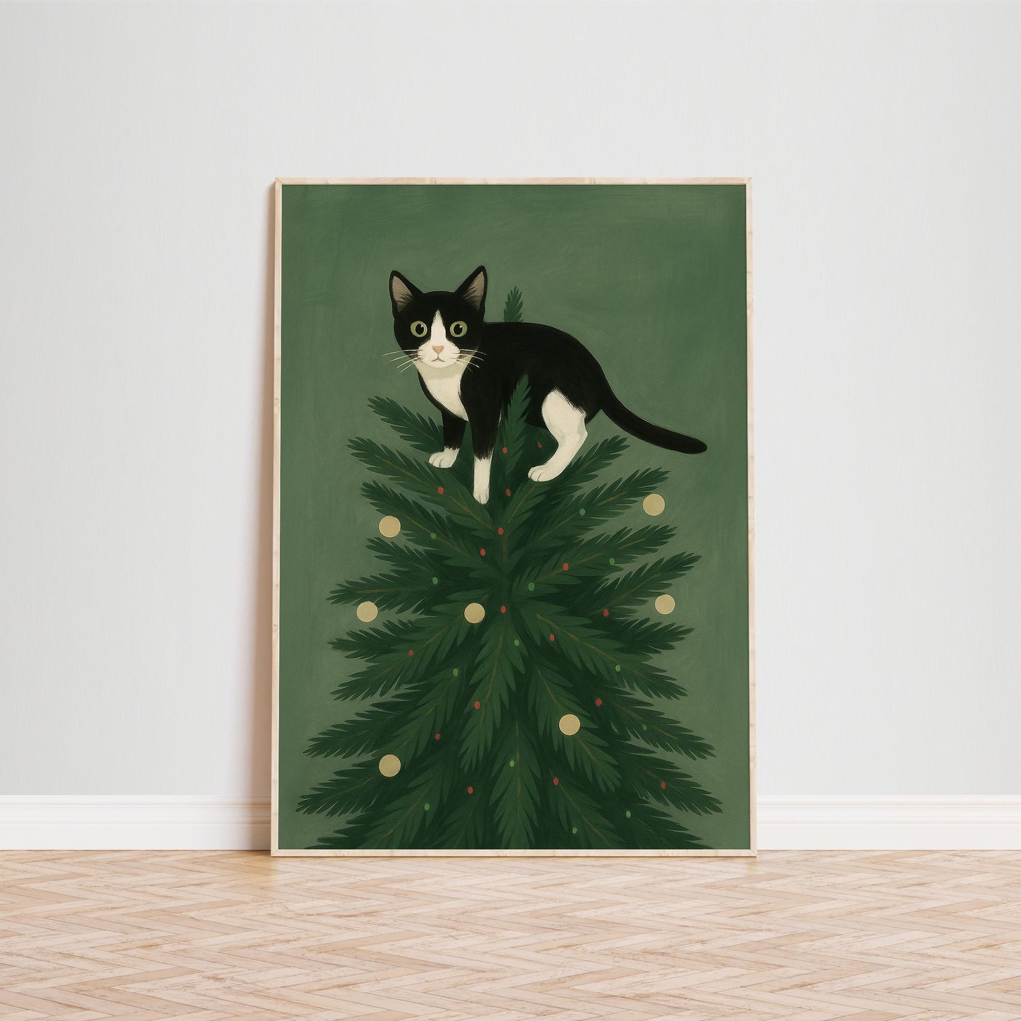 Christmas Cat Poster – Retro Holiday Wall Art With Playful Black and White Cat Design