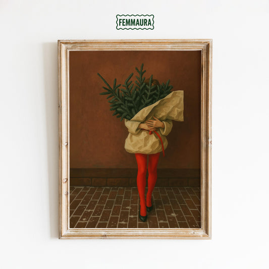 Christmas Tree Poster – Minimalist Holiday Wall Art With Woman Carrying Tree