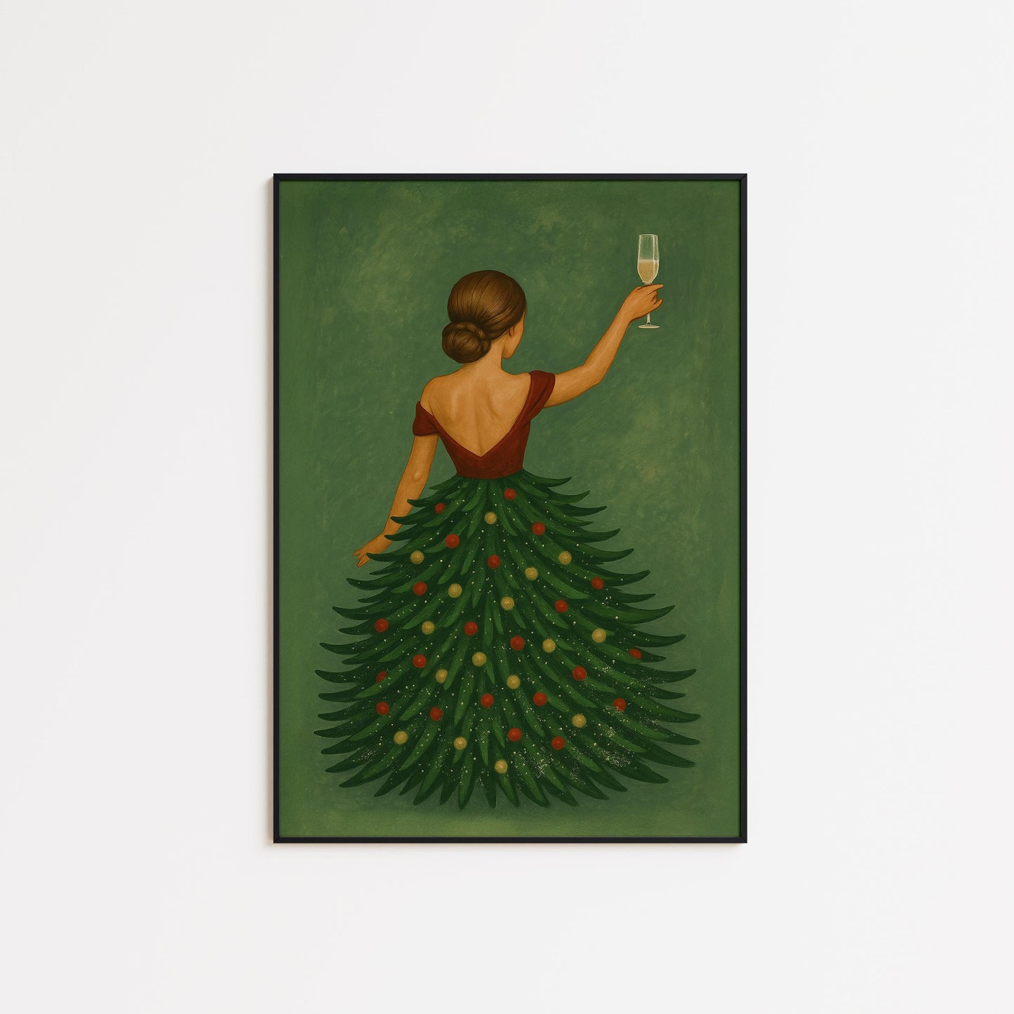 Christmas Tree Dress Poster – Elegant Holiday Wall Art With Festive Woman Print