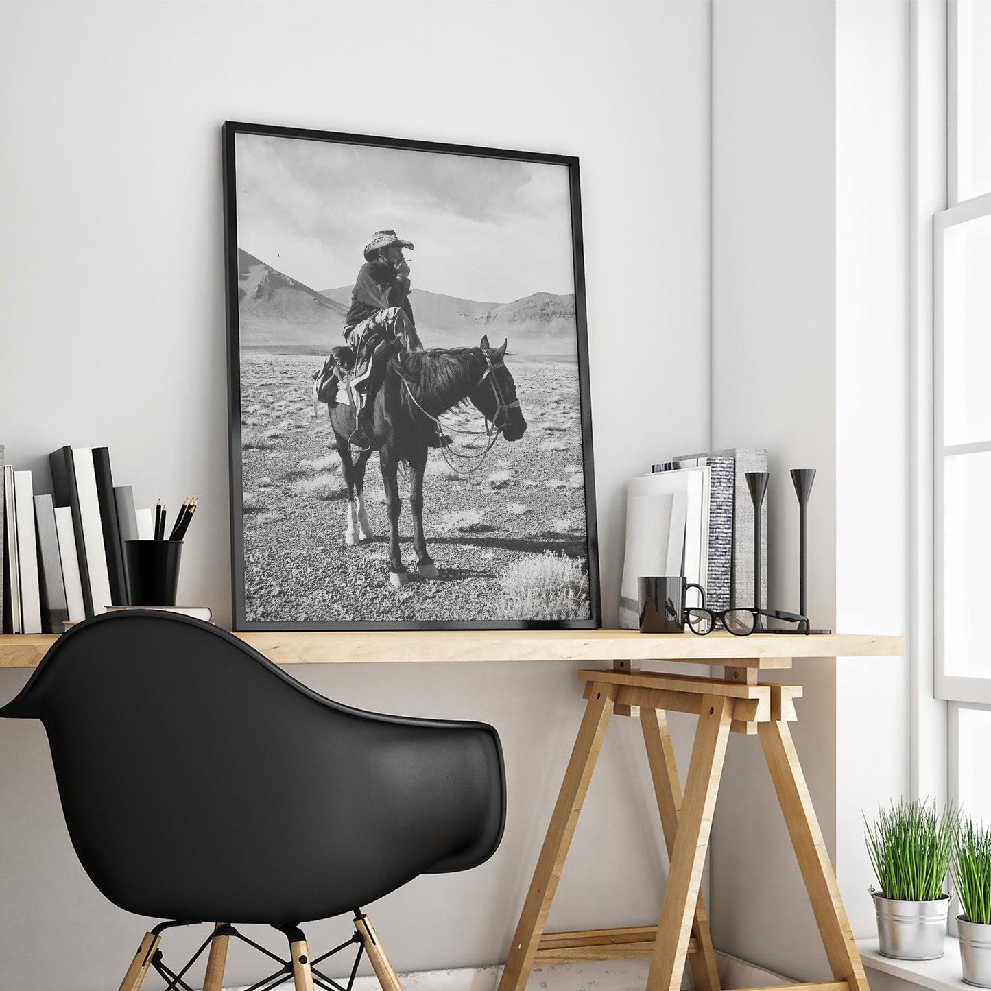 Solitary Cowboy on Horseback – Black and White Western Landscape Poster