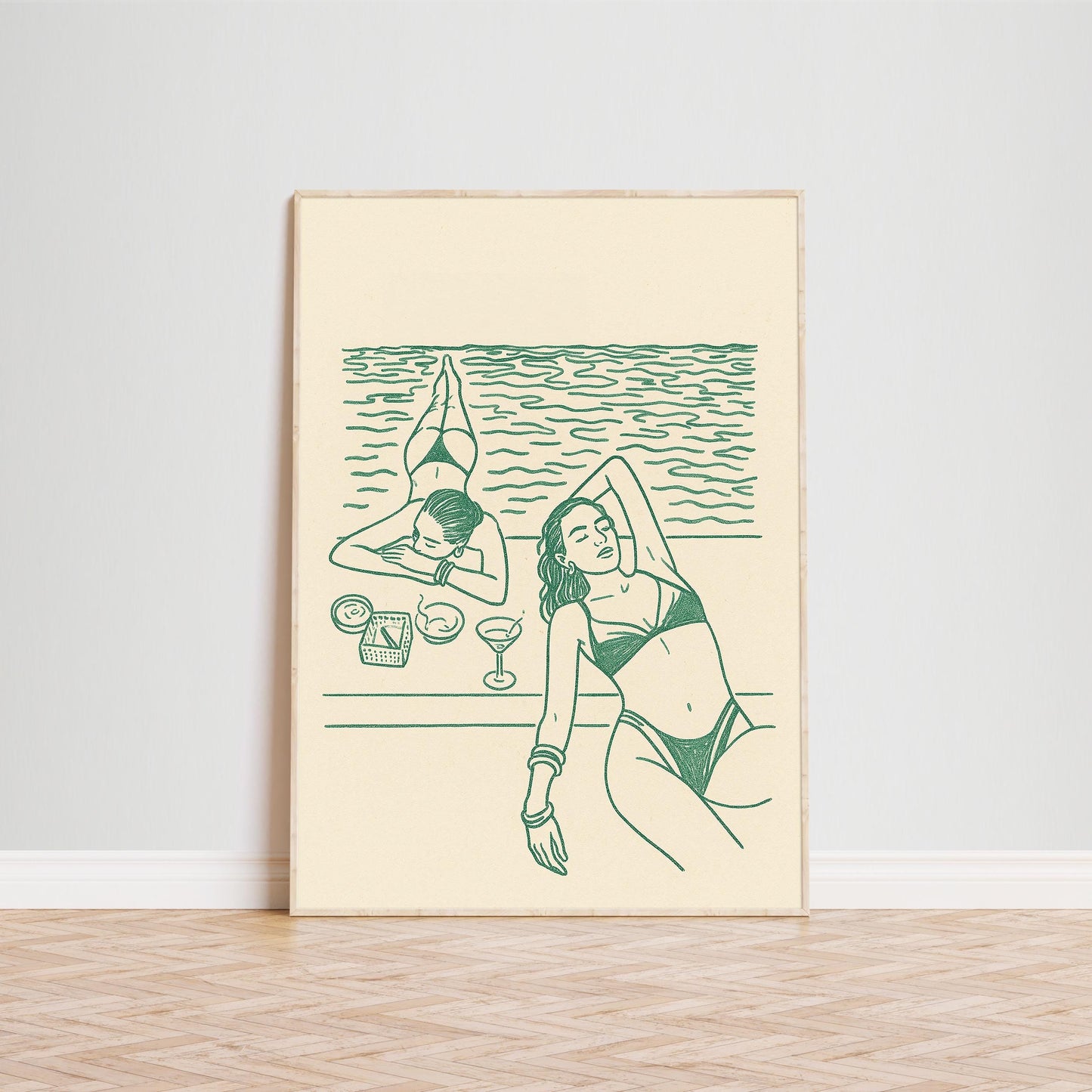 Sunbathing Women Poster – Minimal Green Line Summer Art Print