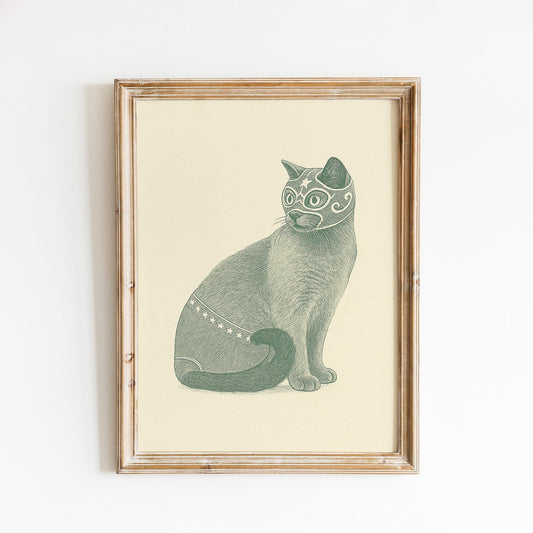 Luchador Cat Poster – Vintage Mexican Wrestler Cat Print, Whimsical Animal Wall Art