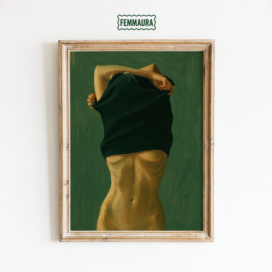 Feminine Nude Art Print – Moody Green Body Art Poster | Silky Texture