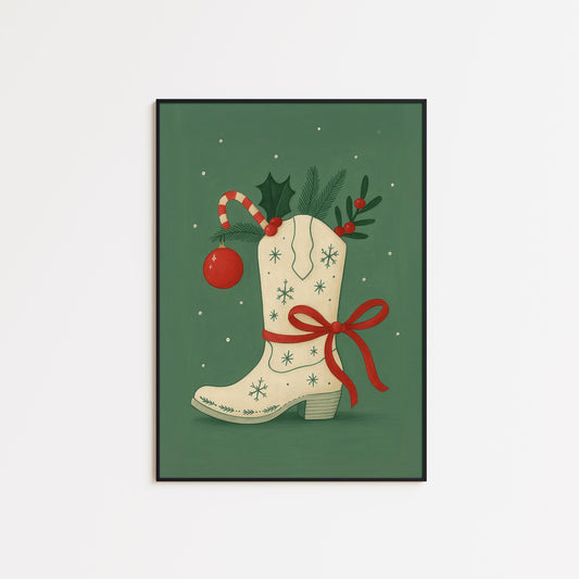 Cowgirl Christmas Poster – Rustic Cowboy Boot Wall Art | Festive Holiday Decor
