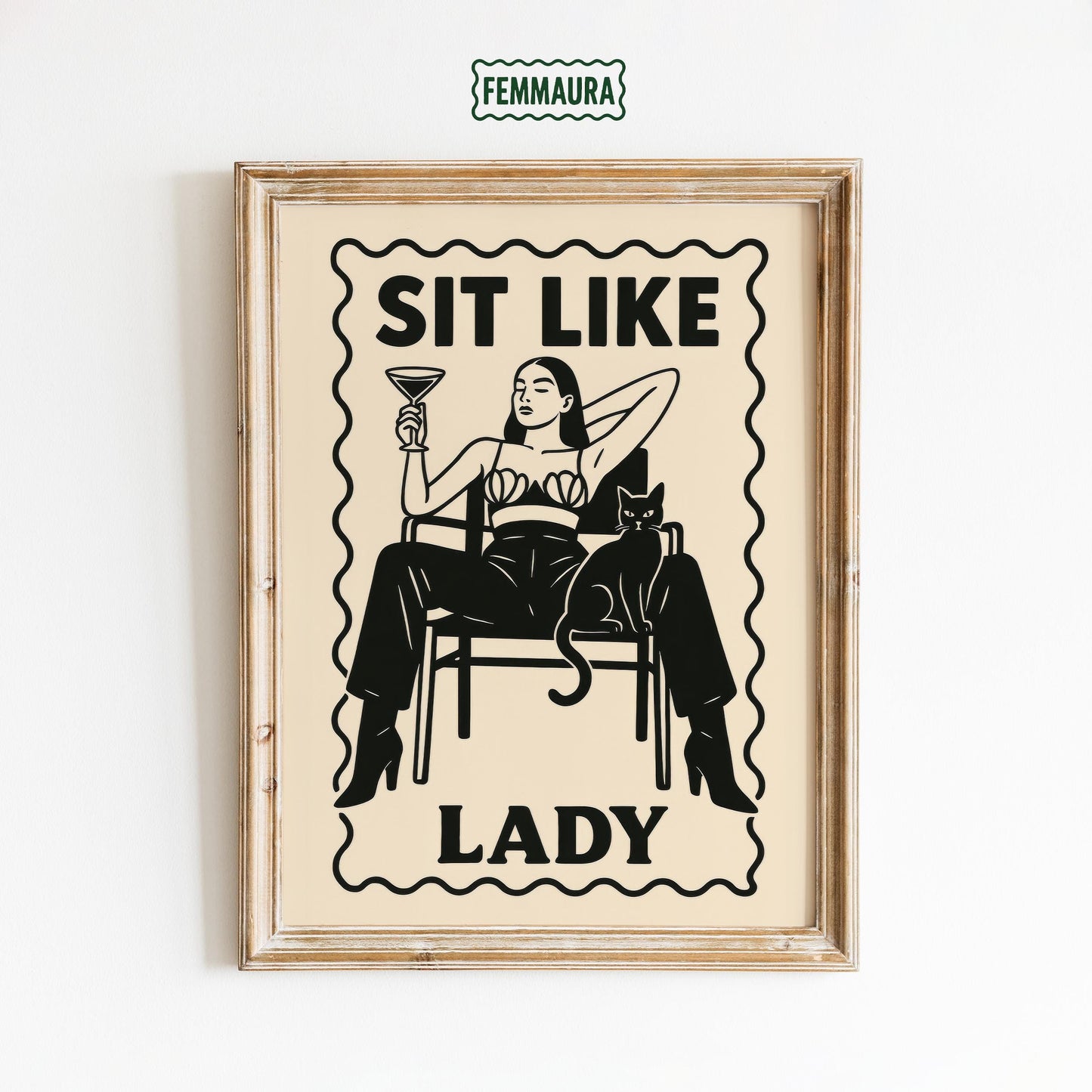 Femme Boss Wall Art – Powerful Femme Poster With Black Cat & Martini Attitude