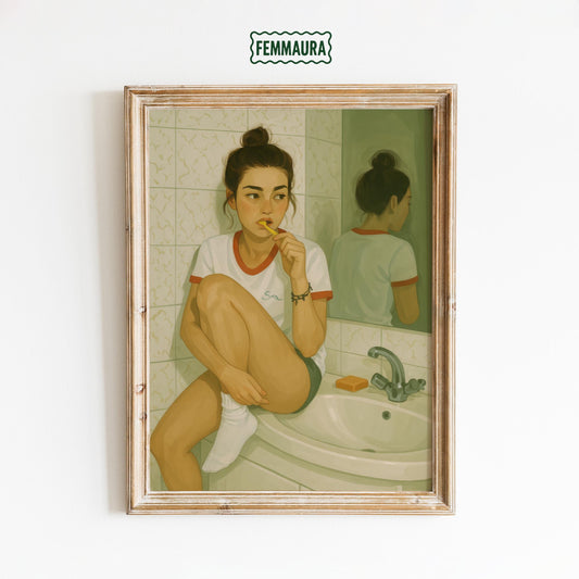 Aesthetic Wall Art – Morning Routine Art | Minimalist Girl Print for Bedroom & Bathroom