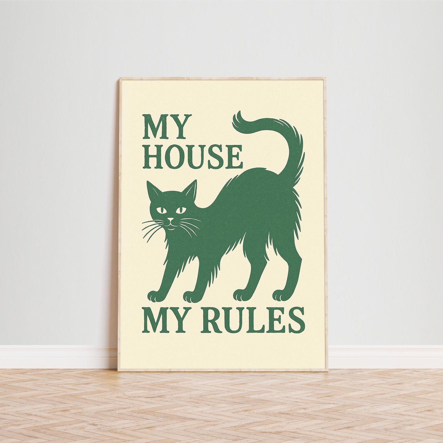 Funny Cat Poster – Retro Home Decor With Bold Typography & Green Line Print