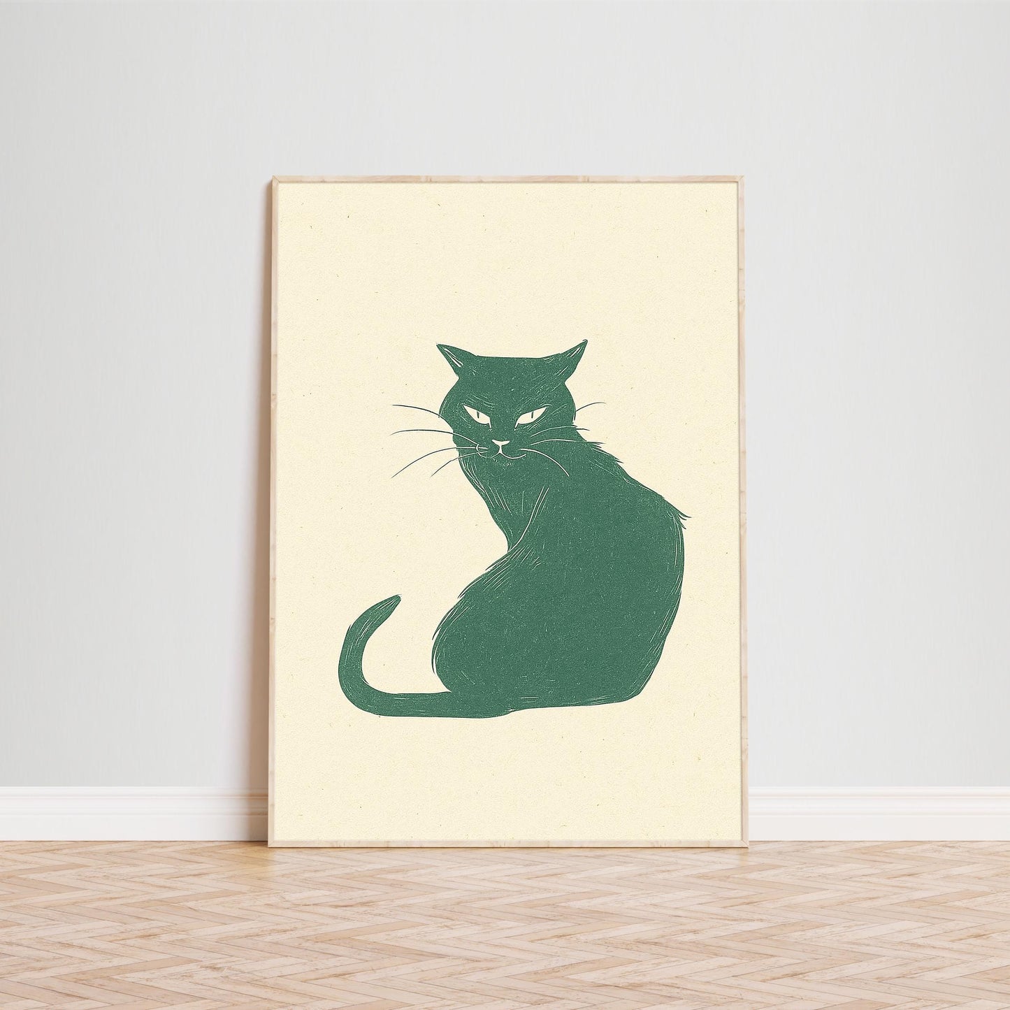 Confident Cat Poster – Minimal Line Art Print, Moody Green Feline Wall Decor