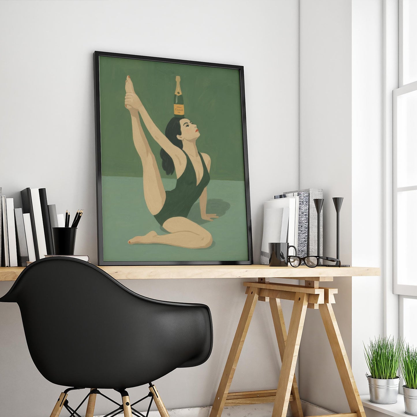 Champagne Balance Yoga Art – Retro Woman Poster | Green Wall Decor