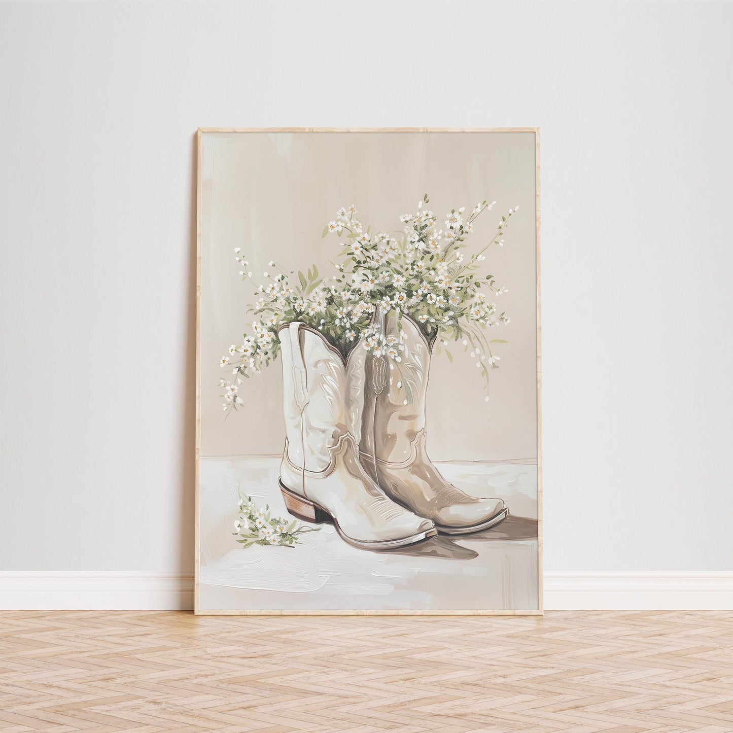 Neutral Cowgirl Boots with Daisies – Rustic Western Floral Art Print