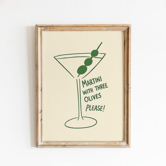 Martini with Three Olives – Minimal Cocktail Line Art Print, Vintage Bar Poster