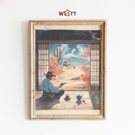 Gunslinger Zen Poster – East-West Cowboy Tea Ceremony Print