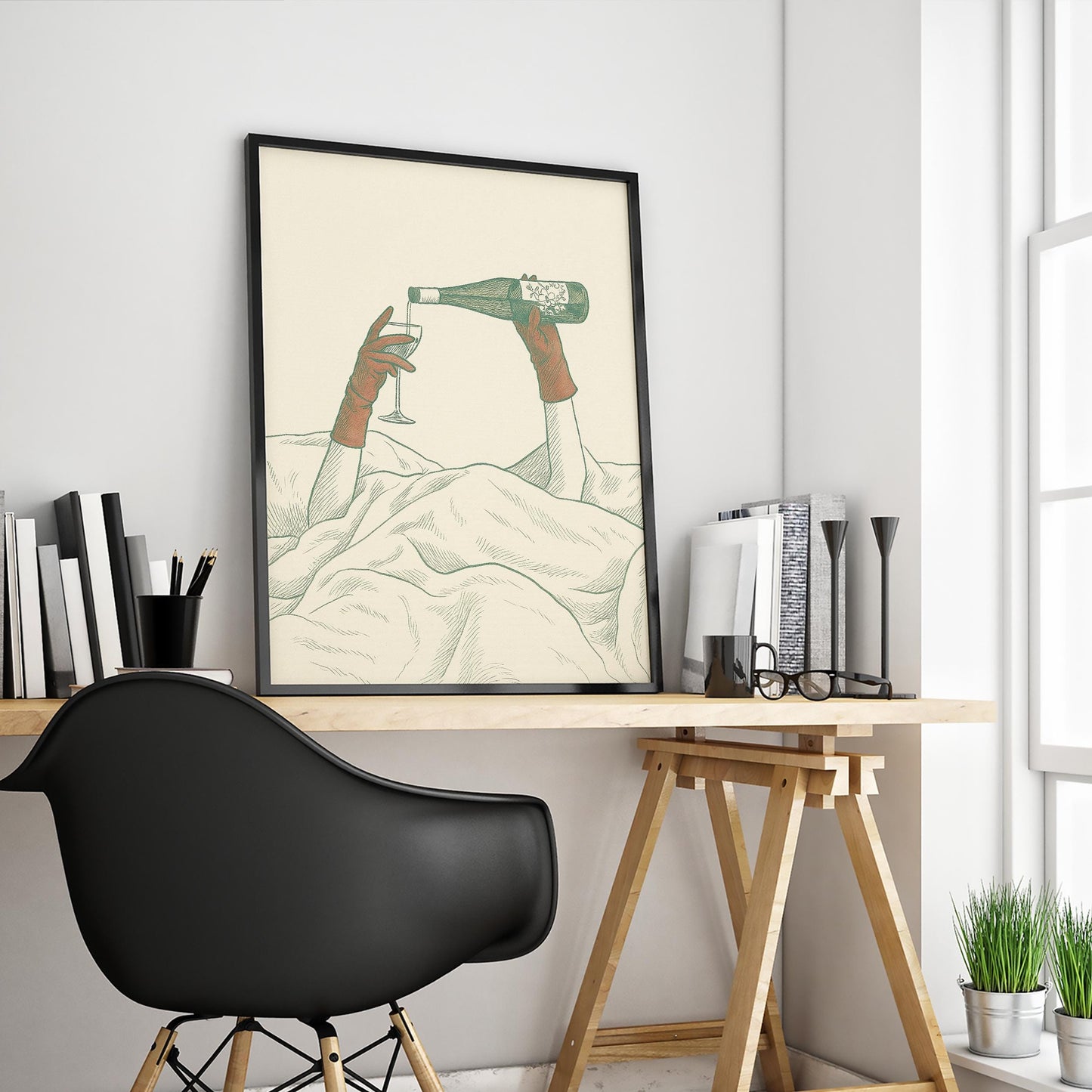 Wine in Bed Poster – Minimal Surreal Line Art Print, Femmaura Bold Series