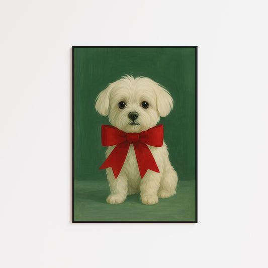 Christmas Puppy Poster – Cute Holiday Dog Art with Red Bow and Cozy Decor