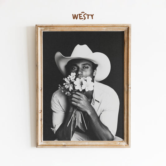 Cowboy with Flowers Poster – Black & White Western Wall Art