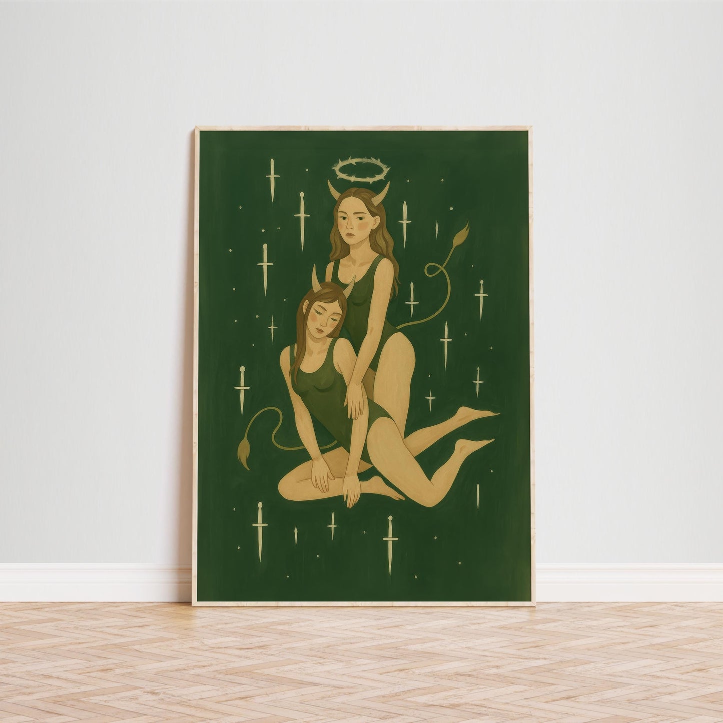 Feminine Gothic Wall Art – Dark Fantasy Print | Green Minimalist Poster