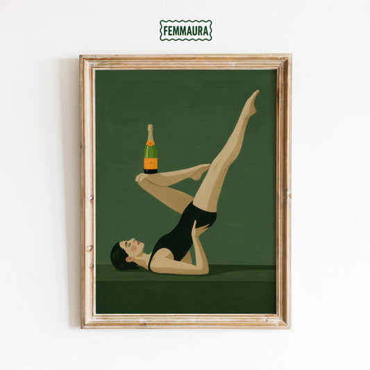 Champagne Art Print – Retro Wall Art | Playful Green Vintage Style Poster