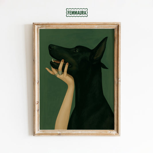 Black Dog Art Print – Witchy Wall Decor with Feminine Hand & Gothic Animal Art