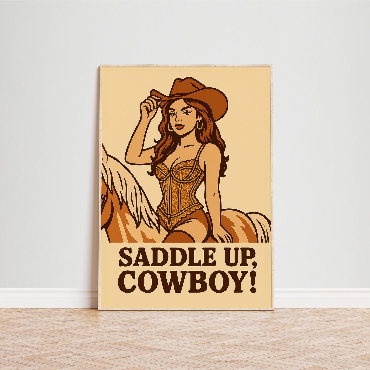 Saddle Up Cowboy Poster – Sexy Pin-Up Cowgirl Wall Art