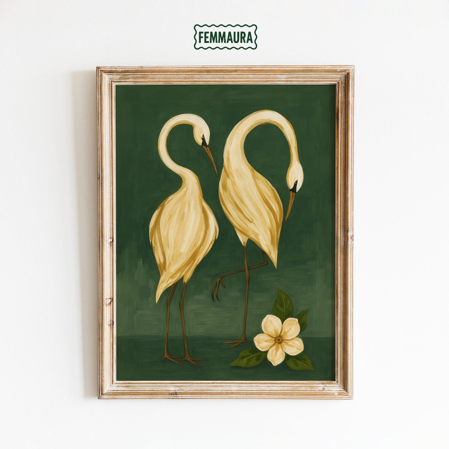 Golden Cranes Wall Art – Elegant Green Floral Print With Minimalist Bird Decor