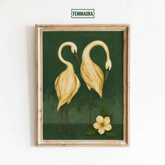 Golden Cranes Wall Art – Elegant Green Floral Print With Minimalist Bird Decor