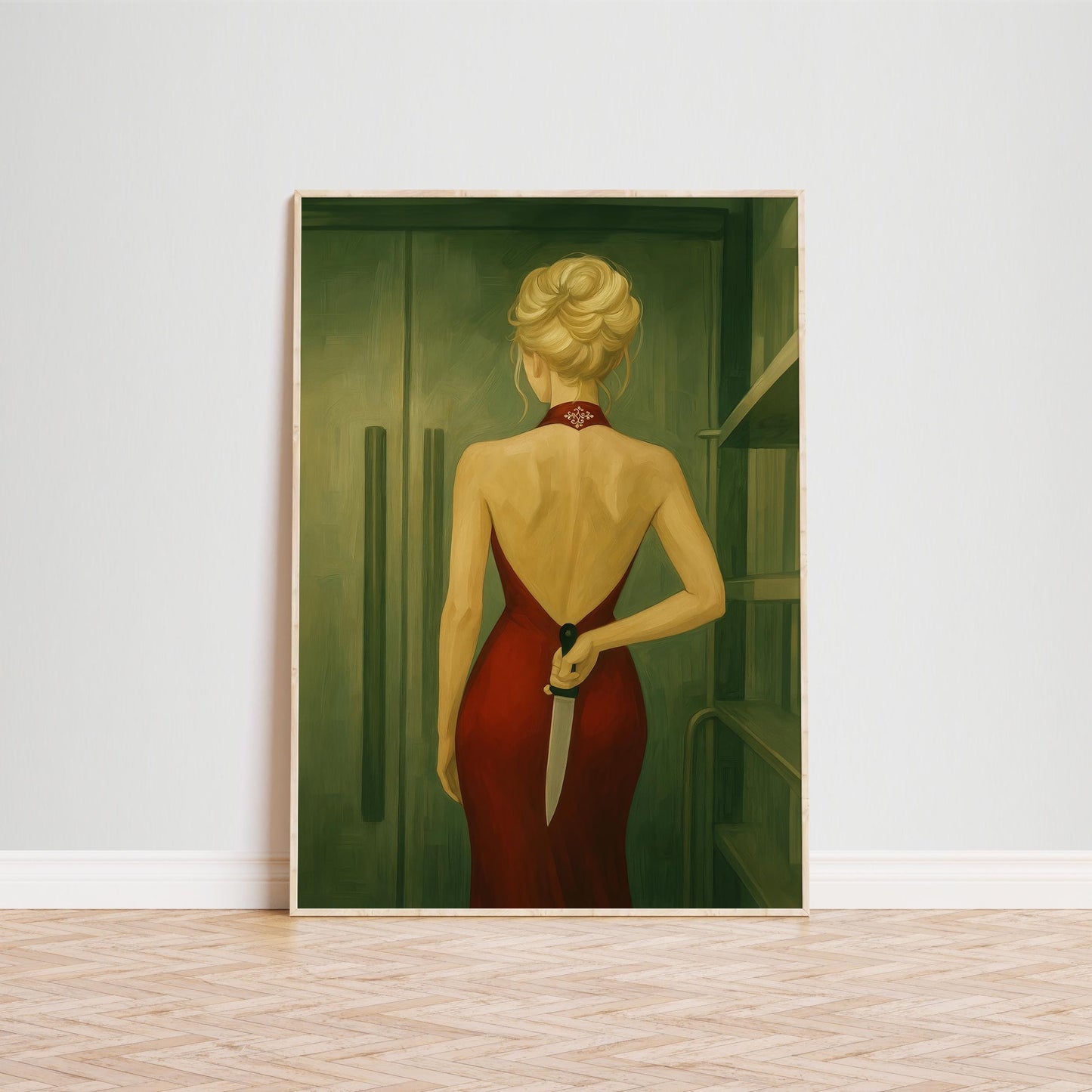 Femme Fatale Wall Art – Red Dress Poster with Knife | Bold Suspenseful Artwork
