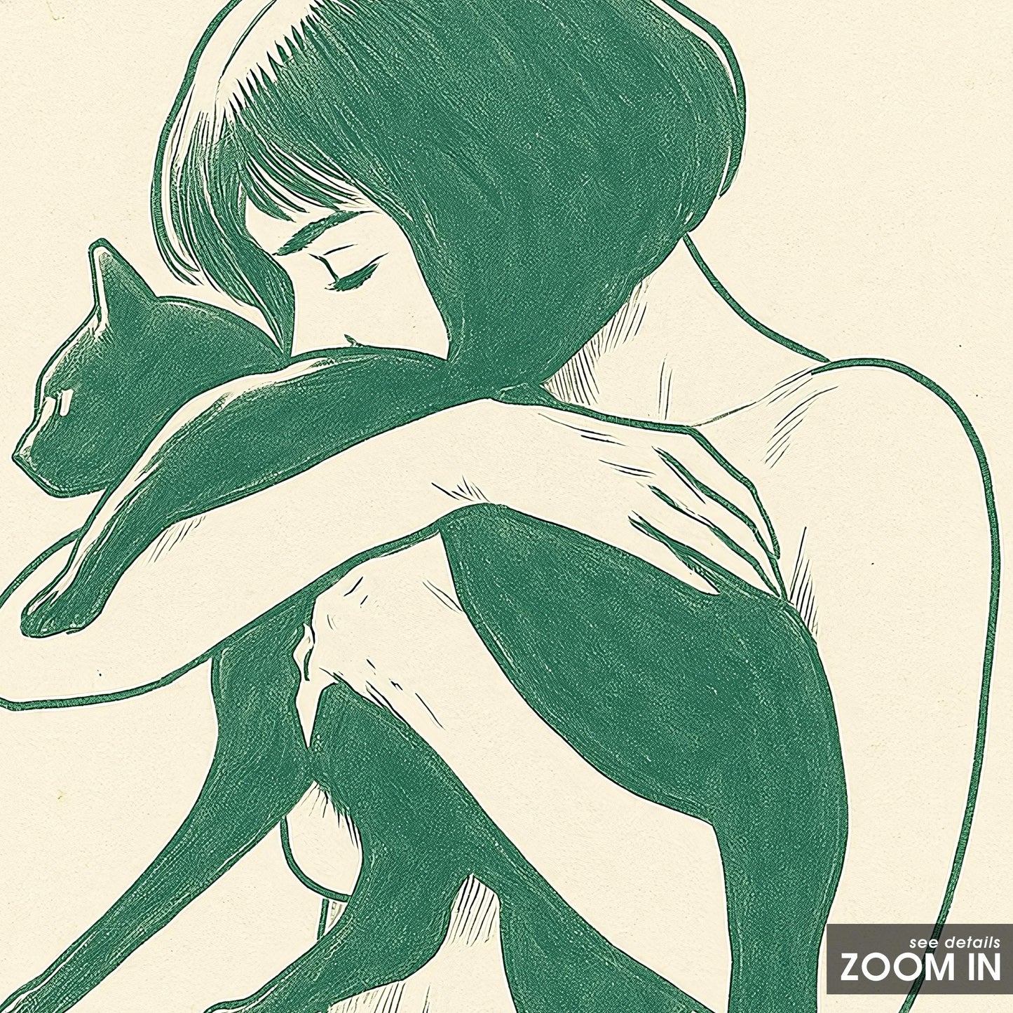 Soft Embrace – Minimal Woman and Cat Line Art, Intimate Feminine Poster