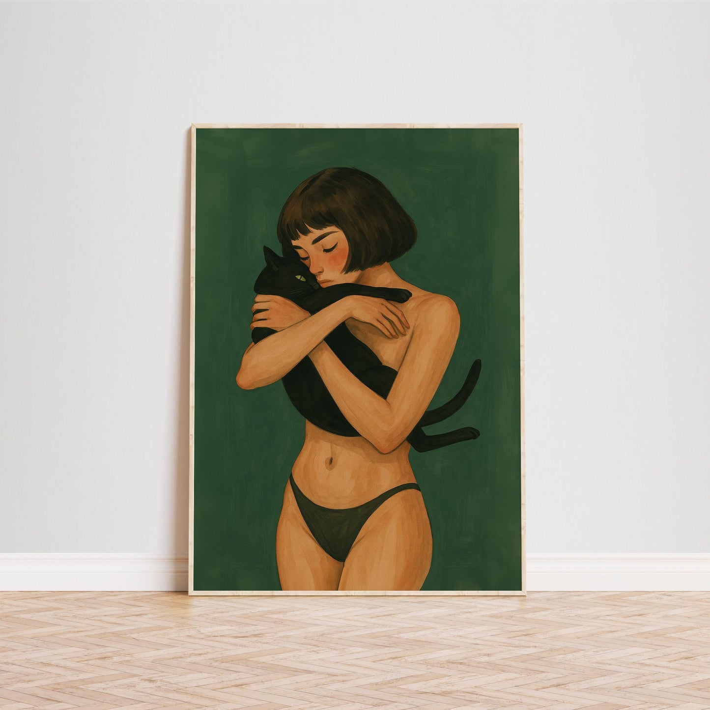 Black Cat Art Print – Minimalist Gouache Digital Cat Illustration for Cozy Bedroom Wall Art