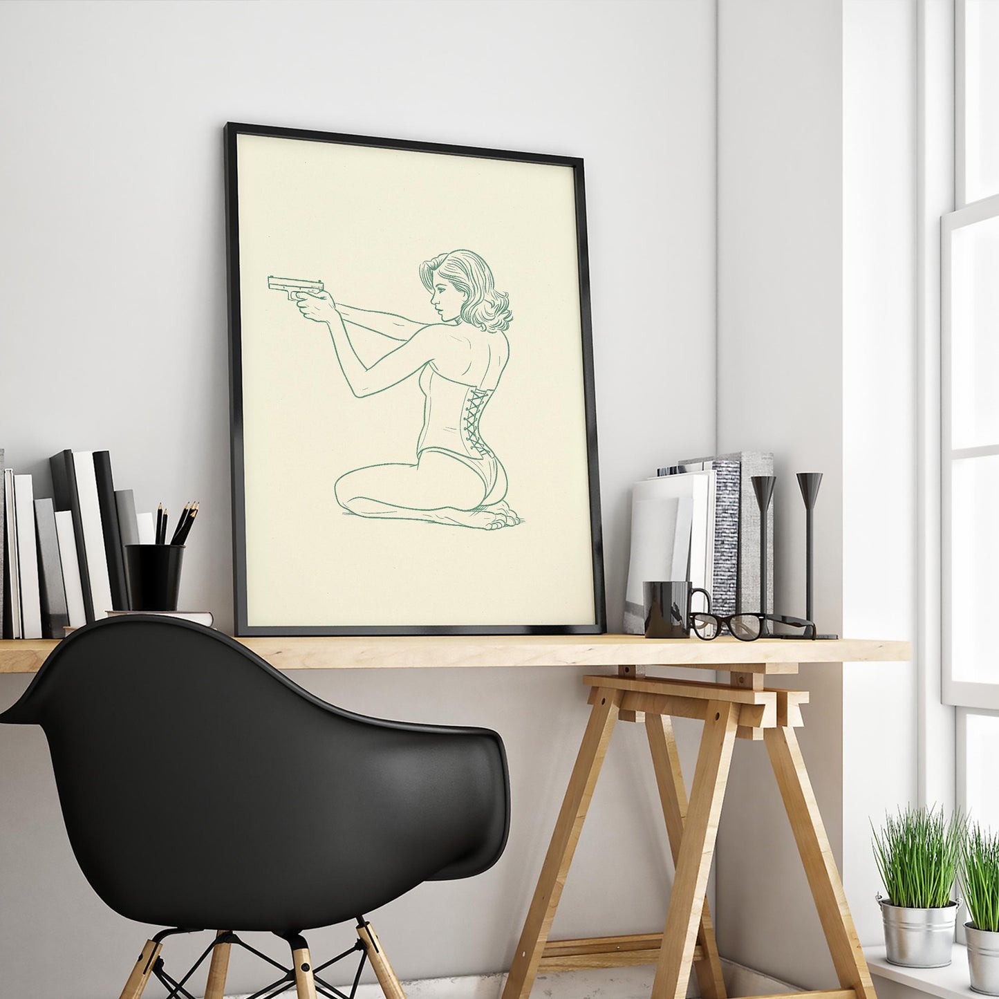 Armed Muse Poster – Minimal Line Art Woman Print, Femmaura Bold Series