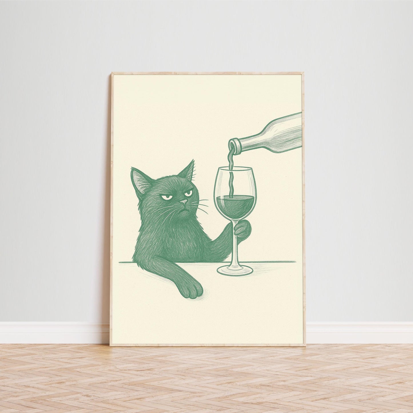Funny Cat with Wine Print – Minimalist Line Art