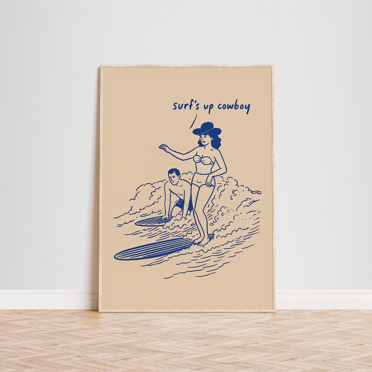 Retro Cowgirl Surf Art – Playful Western Beach Decor With Comic Style Illustration