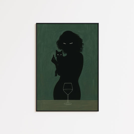 Dark Feminine Art – Moody Wall Print With Silhouette Woman And Black Cat