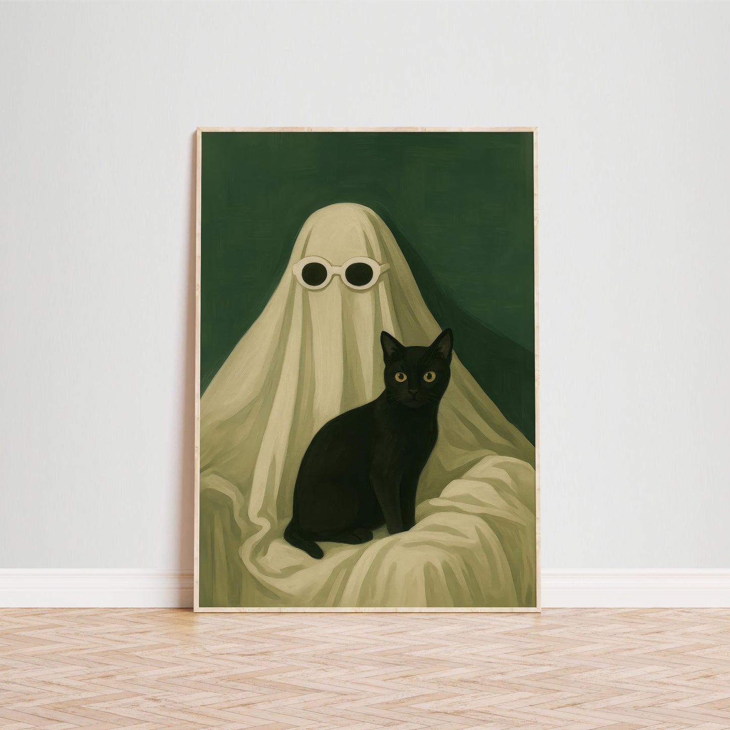 Black Cat Wall Art – Spooky Gothic Home Print With Quirky Ghost Design