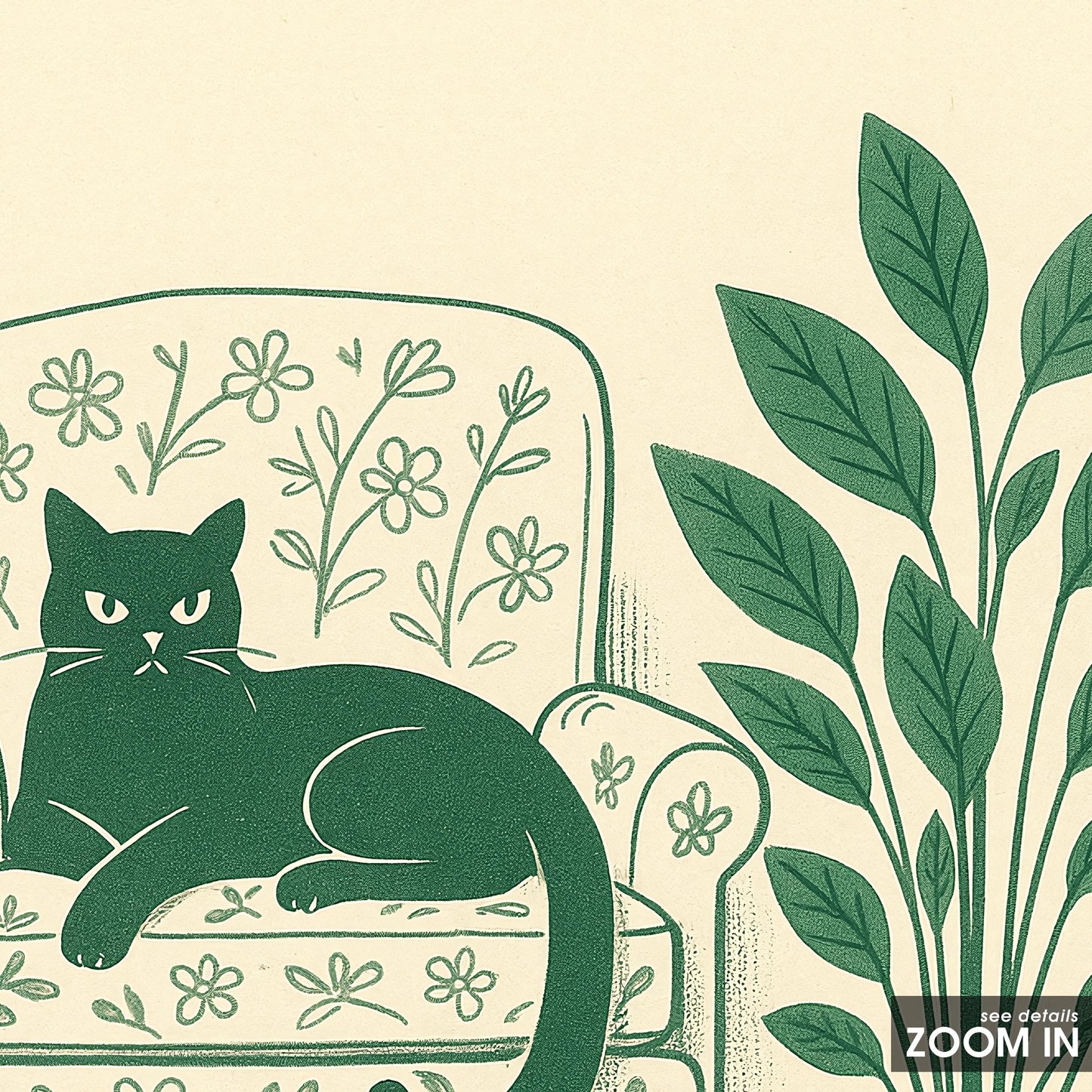 Lazy Afternoon Cat – Minimal Line Art Poster, Vintage Floral Chair Illustration