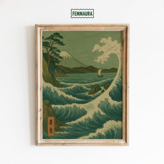 Vintage Japanese Wave Poster – Hokusai Style Ocean Wave Artwork With Mt Fuji Decor