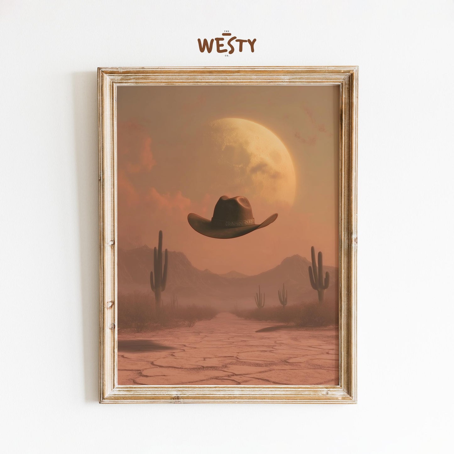 Desert Moon Cowboy Hat – Surreal Western Wall Art