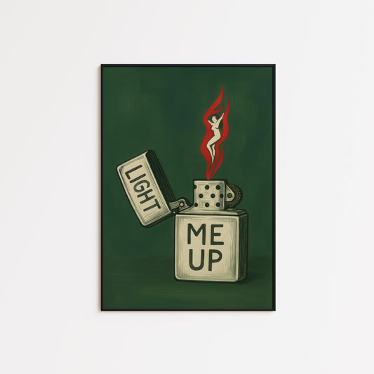 Retro Lighter Art Print – Bold Green Wall Decor With Flame Woman Illustration