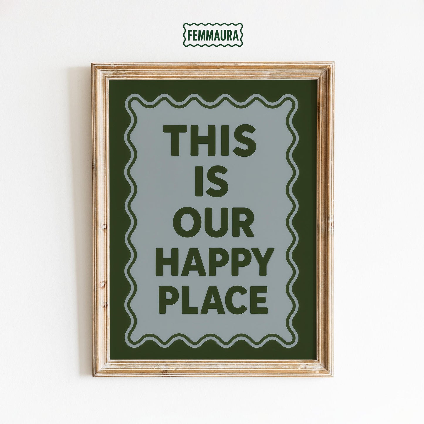 Retro Quote Print – Cozy Happy Place Poster With Wavy Frame Design
