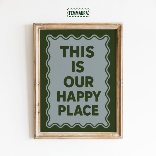 Retro Quote Print – Cozy Happy Place Poster With Wavy Frame Design